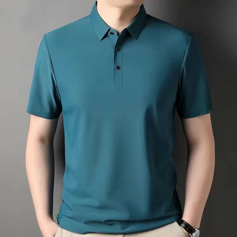 High quality wrinkle resistant ice silk short sleeve t-shirt men's summer Lapel loose casual solid color top high-end polo men  Amaijoin