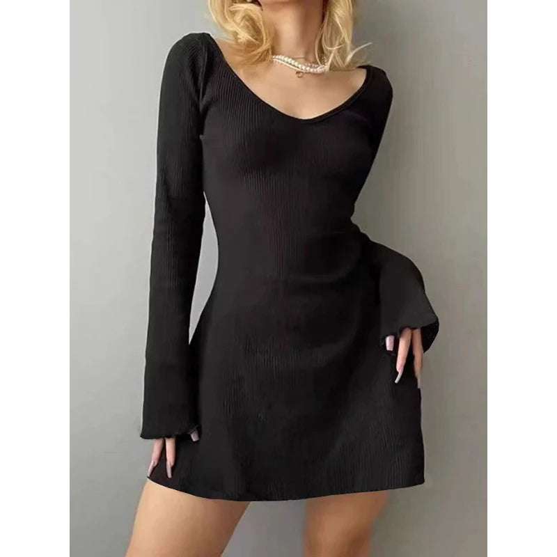 Elegant And Pretty Women Dresses Autumn Winter New Black Sexy Short Dress Female V Neck Long Sleeve Slim Solid Color Mini Dress  Amaijoin