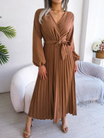 Load image into Gallery viewer, Women Elegant V Neck Long Sleeve Pleated Maxi Dress  Amaijoin
