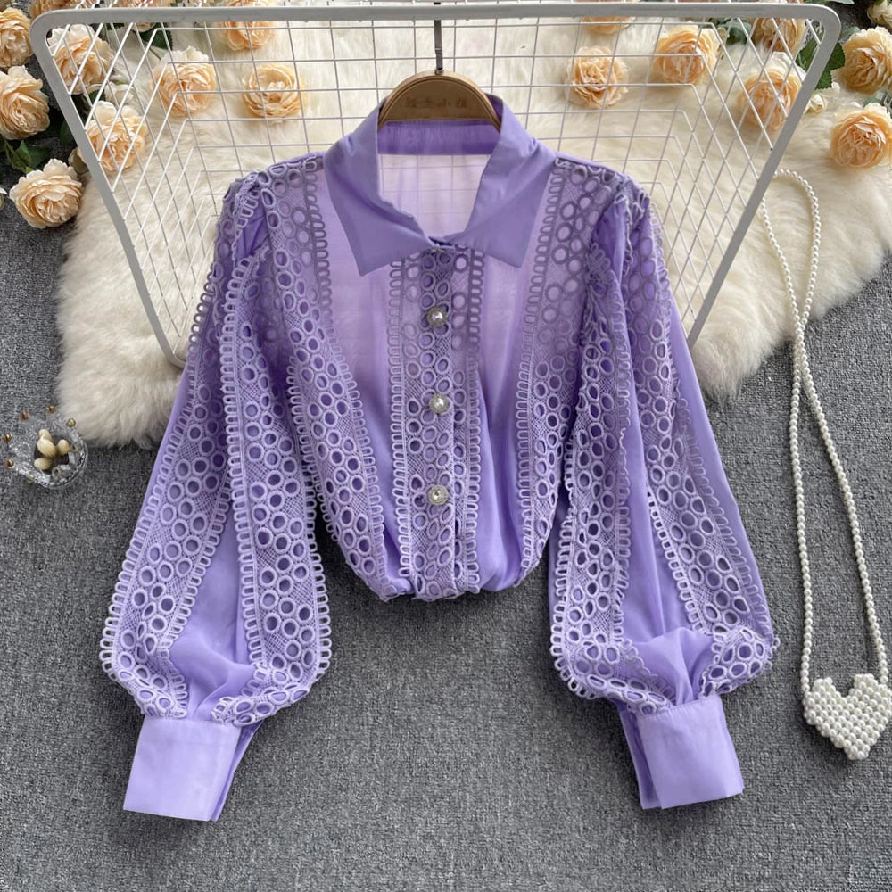 Women's Korean Style Loose Lace Hollow Shirt Top Polo Collar Single Breasted Long Sleeve Shirt 2024 Spring/Summer Sweet Clothing  Amaijoin