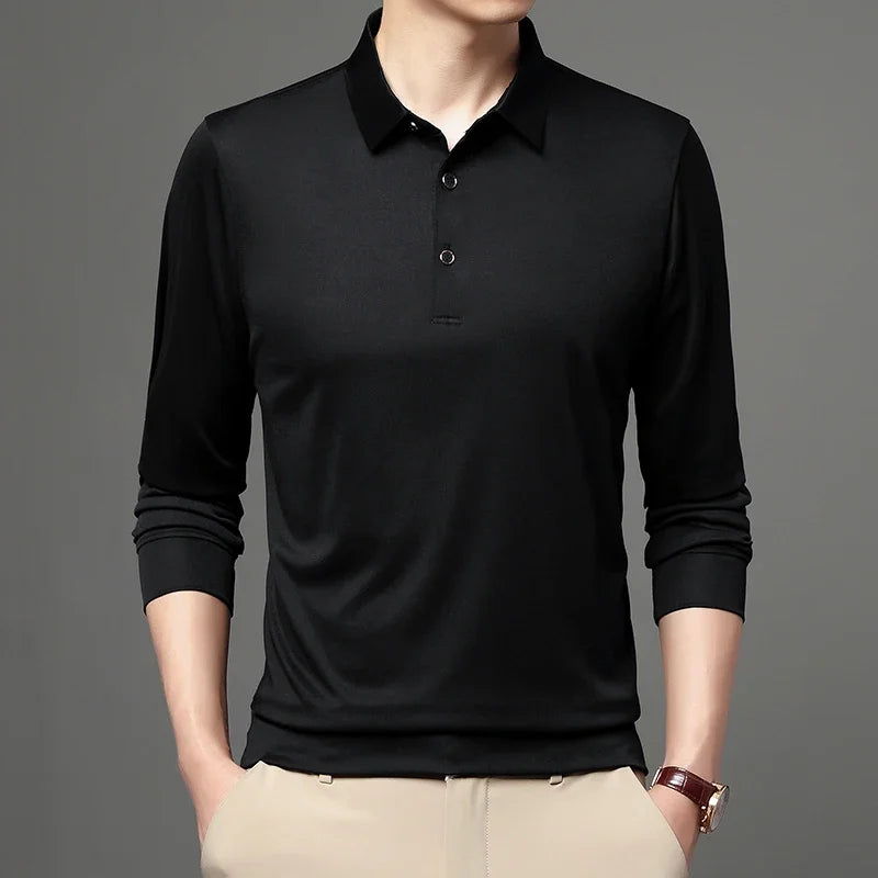 5-color Men's Solid Color Casual Fashion Long Sleeved Polo T-shirt  Amaijoin