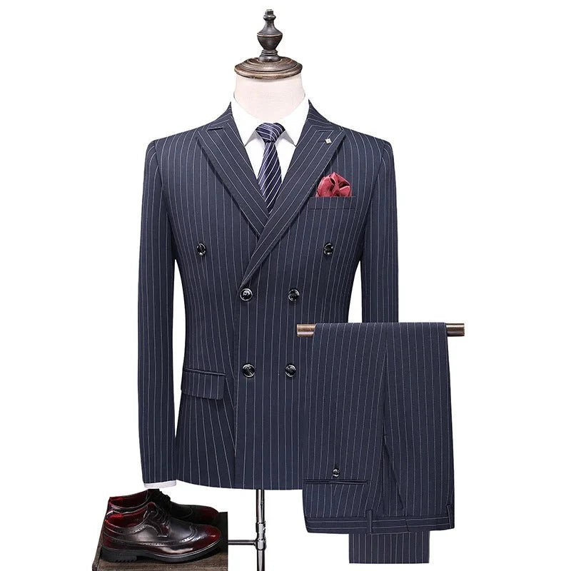 ( Jacket + Vest + Pants ) Groom Wedding Dress Boutique Striped Formal Double Breasted Suit 3pce Set Mens Casual Business Suit  Amaijoin