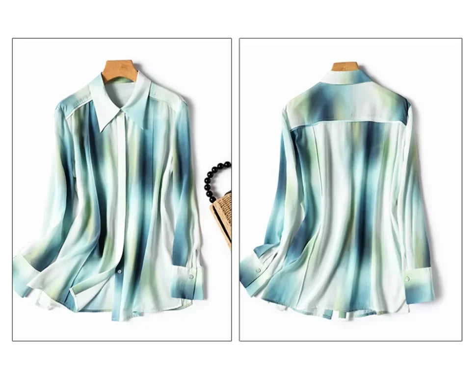 New 2024 Satin Surface Summer Women's Blouse Casual Fashion Simplicity Tops Tie Dye Printing Turn-down Collar Long Sleeved Shirt  Amaijoin