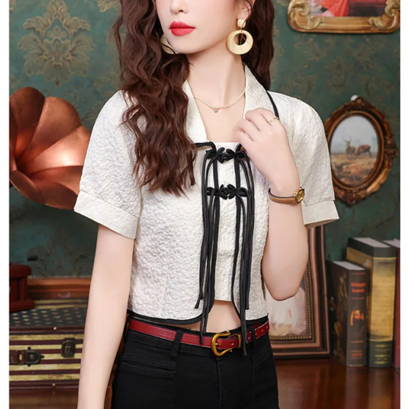 Women's 2024 New Summer Pullovers Contrast Color Polo-Neck Jacquard Button Elegant Chic Slim Commuter Short Sleeve Chiffon Tops  Amaijoin