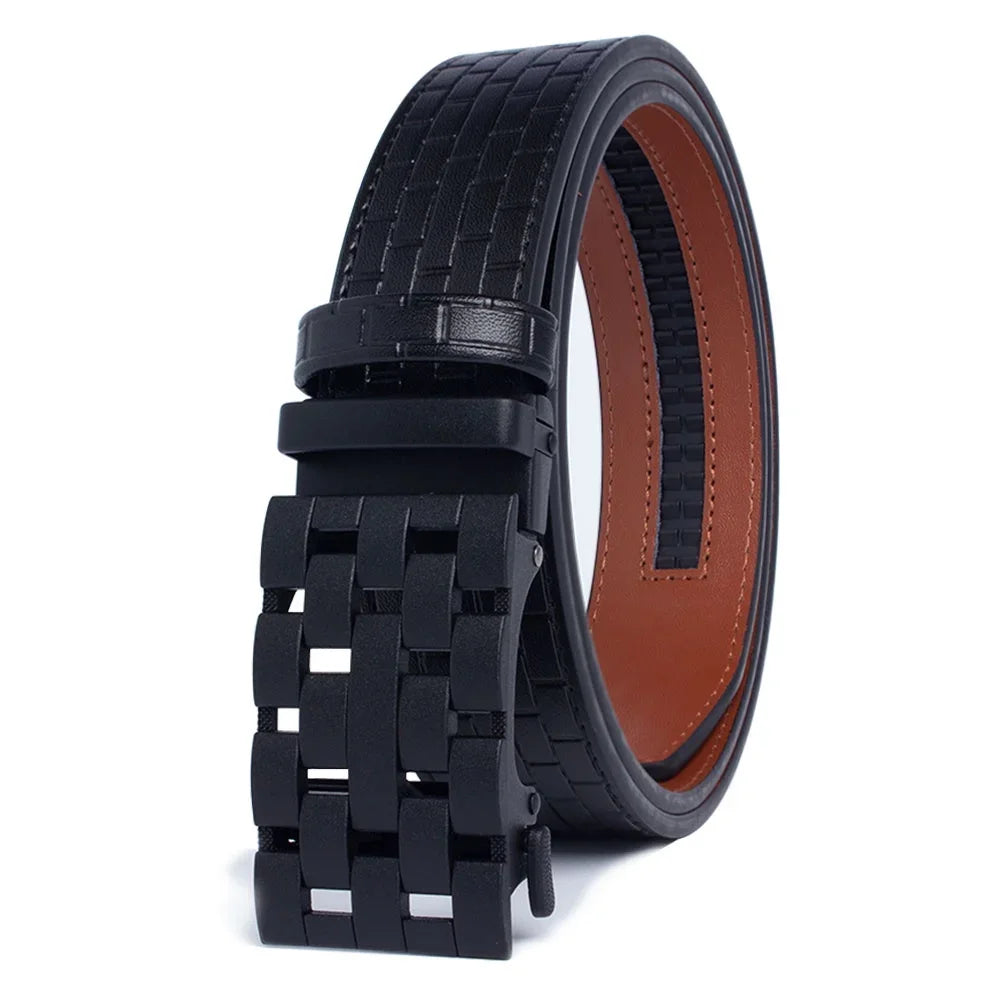 2023 Men Belt Metal Luxury Brand Automatic Buckle Plaid Genuine Leather Belts for Men Waist Strap Black Male  Amaijoin