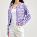 Carregue a imagem no visualizador da Galeria, SENTUBILA Contrast Striped Long Sleeve Cardigan Sweaters for Women 2023 Autumn Round Neck Purple Knitted Tops Outerwear Coats  Amaijoin
