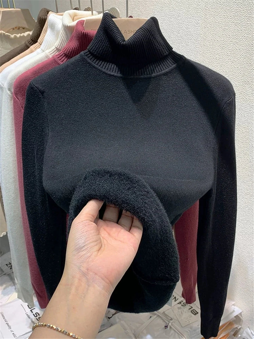 Turtleneck Winter Sweater Women Elegant Thicken Velvet Lined Warm Sueter Knitted Pullover Slim Tops Jersey Knitwear Jumper New  Amaijoin