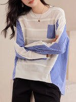 Carregue a imagem no visualizador da Galeria, Stylish Hollow Out Knitted Patchwork Pullovers Women 2024 Fashion Oversized Striped Shirt Sweater Pocket Jumper Korean Style  Amaijoin
