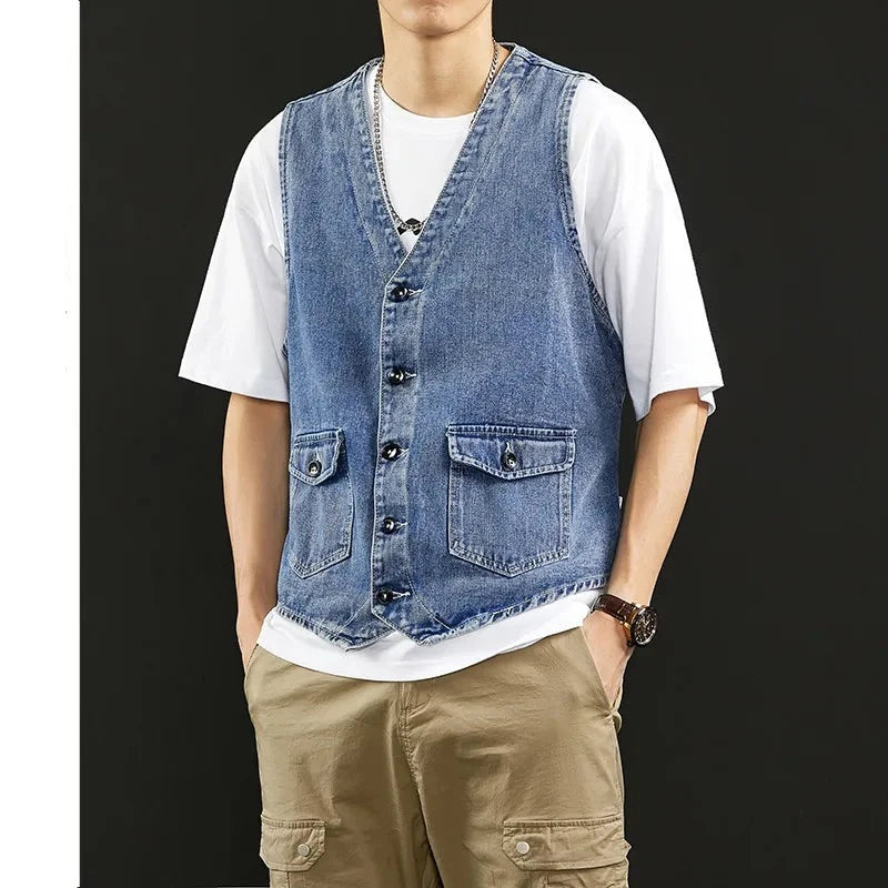 TFETTERS Summer New Denim Vest Men Japanese Casual Loose Washed Old Sleeveless Coat Fashion Solid Color Collarless Denim Jacket  Amaijoin