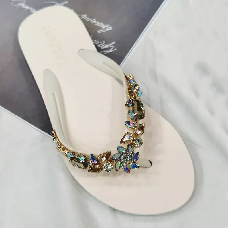 Slippers Women Glitter Flip Flops  Summer 2023 Fashion Outdoor Rhinestone Chain Wedge Beach Slippers Jelly Hawaiian Flat Sandals  Amaijoin