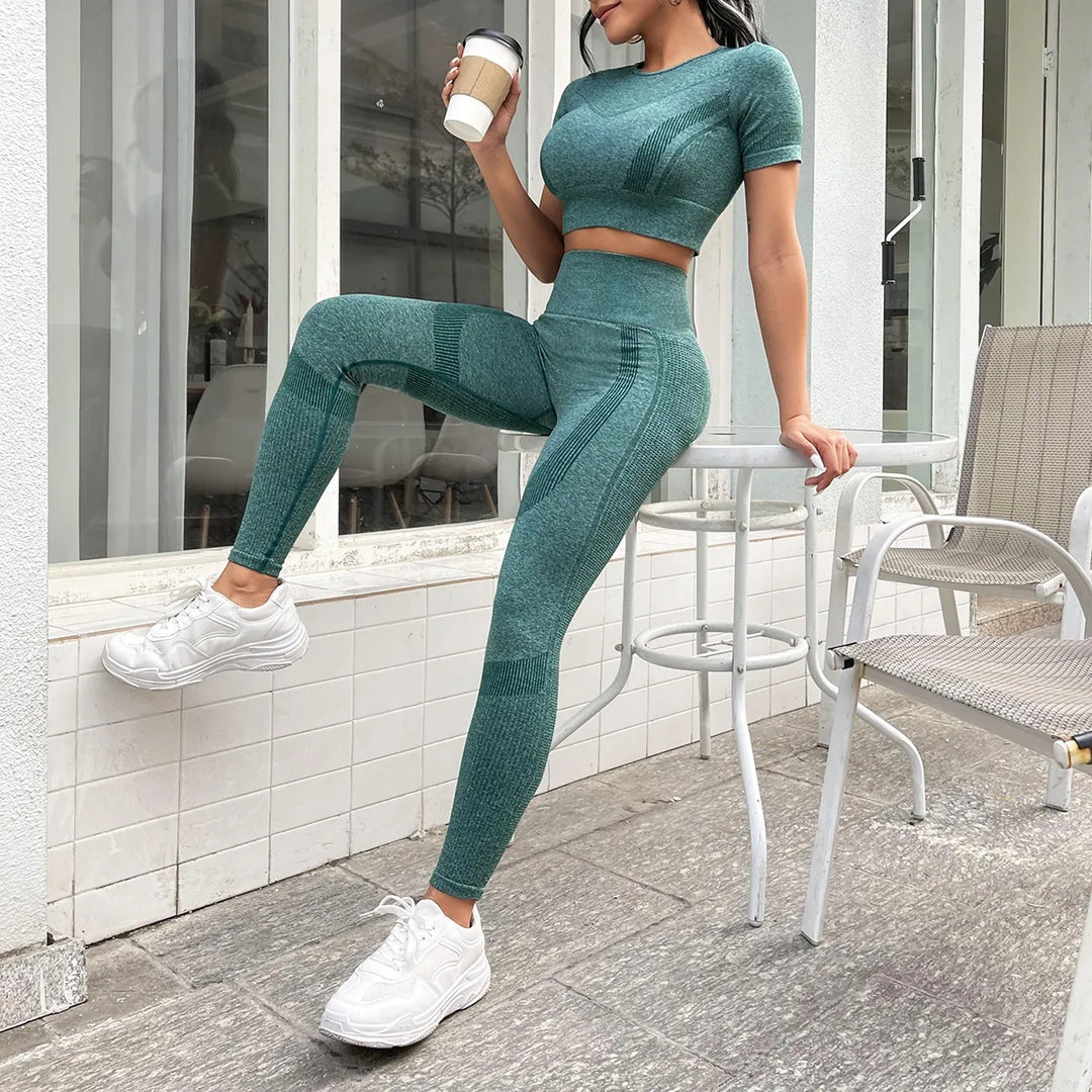 2pcs Workout Yoga Sets, Short Sleeve Cropped Top & High Waist Running Leggings, Women's Activewear  Amaijoin