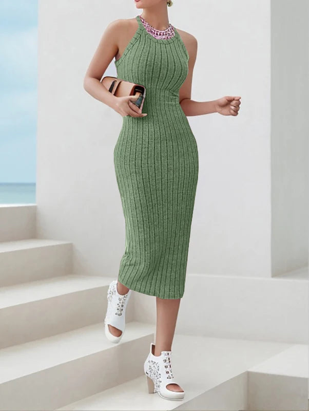 Dresses for Women  Solid Halter Neck Bodycon Ribbed Knit Tank Dress  Amaijoin