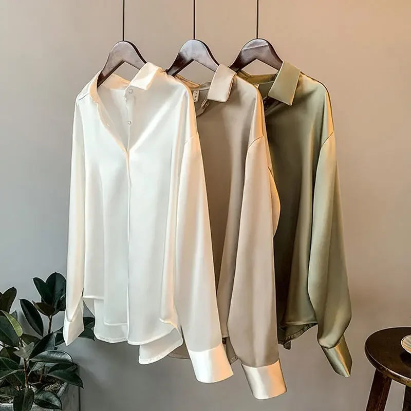 Long Sleeve Satin Silk Tops for Women Button Up Clothes Loose Womens Shirt & Blouse Economic with Free Shipping Trend 2024 M S  Amaijoin