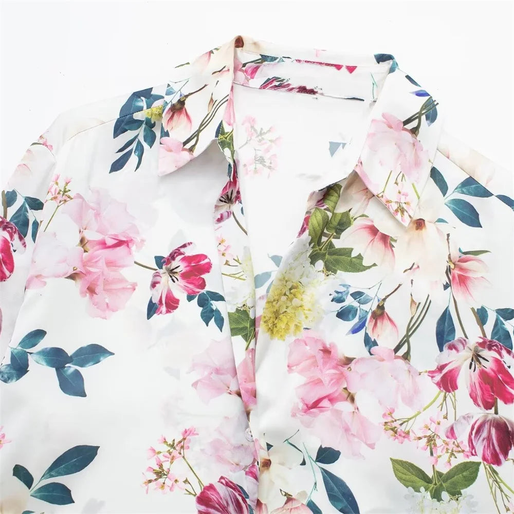 UNIZERA2024 Spring New Product Women's Casual Long sleeved Silk Satin Texture Retro Flower Print Shirt Loose Top  Amaijoin