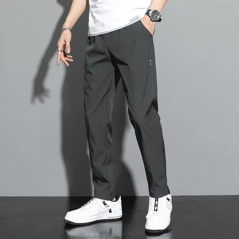 2024 new Men's Ice Silk Trousers Solid Color Mid-Waist Loose Breathable Straight-Leg Casual Pants Thin Quick-Drying Sports Pants  Amaijoin