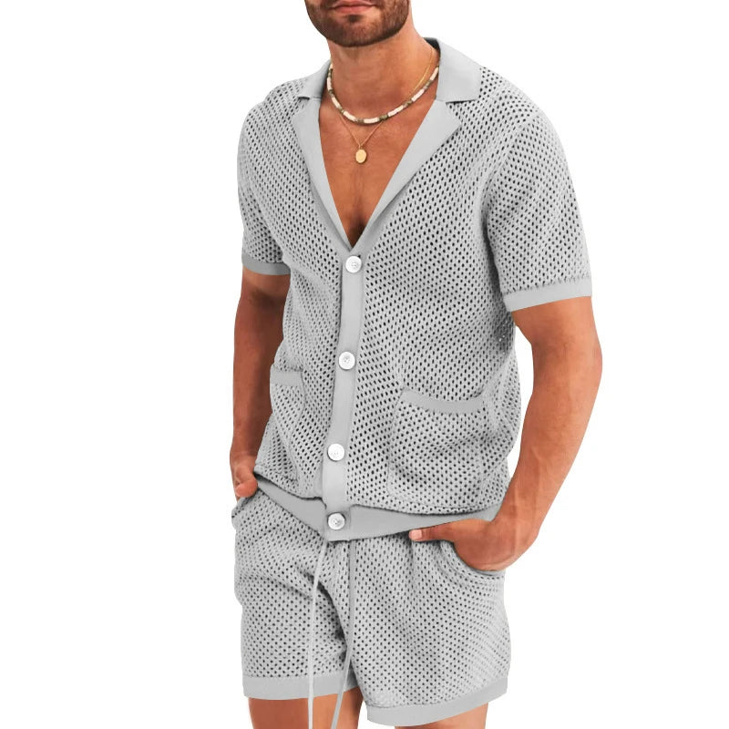 Sexy See Through Hollow Out Mesh Knit Two Piece Suits Men Summer Fashion Short Sleeve Shirts And Shorts Sets Mens Outfits Beach  Amaijoin