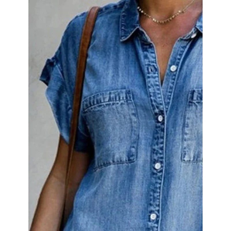 Summer New Single Breasted Denim Shirt Dress Women's Casual Loose Pocket Simple Retro Commuter Female Office Denim Short Skirt  Amaijoin