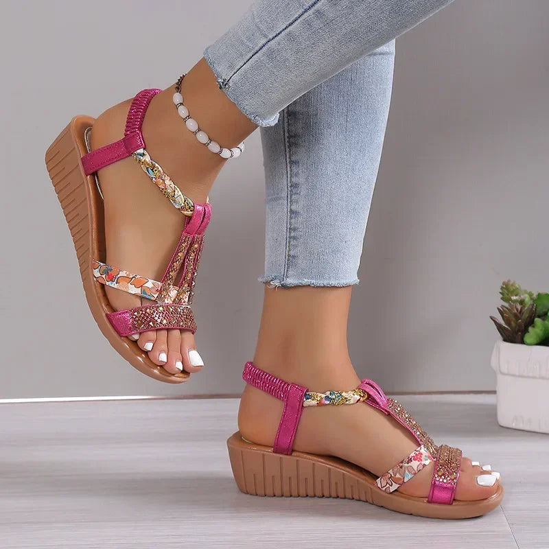 Women Wedge Sandals Summer Bohemia Rhinestones Casual Platform Sandals Female Peep Toe Outdoor Beach Shoes обувь женская летняя  Amaijoin