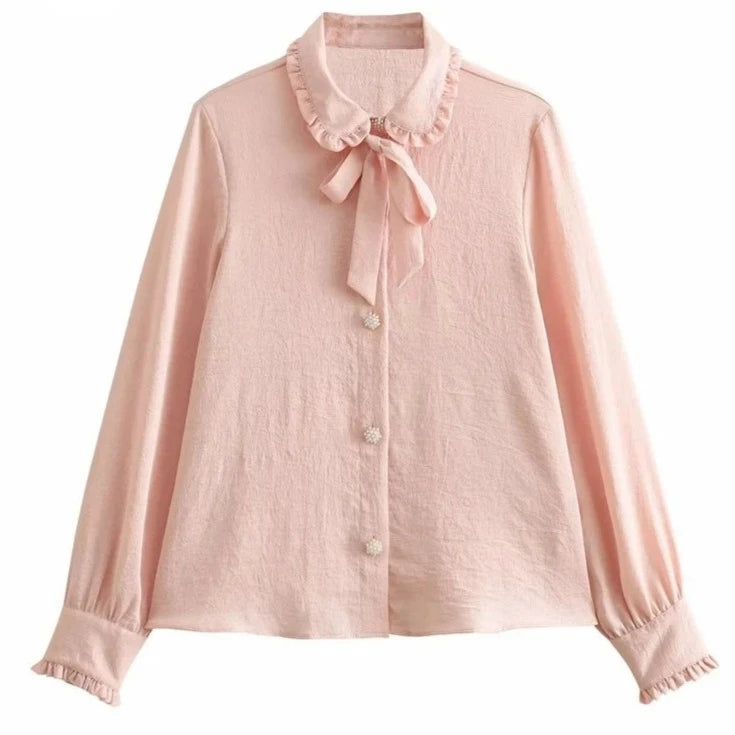 Tangada 2023 Women Pink Bow Loose Blouses Oversized Female Pearl Buttons Shirts Tops  4M260  Amaijoin