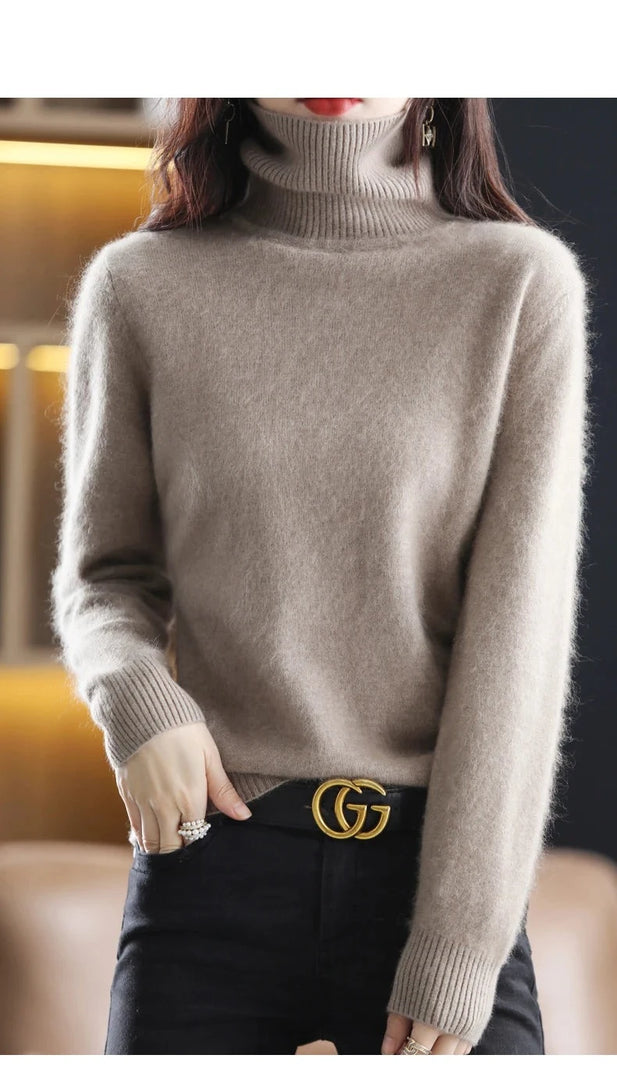 Autumn And Winter New 100% Mink Cashmere Sweater 2023 Women's High Neck Knitted Pullover Loose Korean Fashion Warm Women's Top  Amaijoin