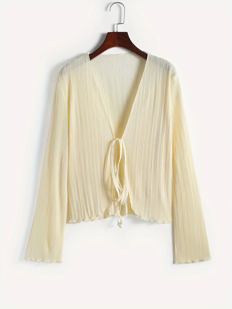 European and American Korean version of the slim V-neck chest with umbilical short pleated knit cardigan  Amaijoin