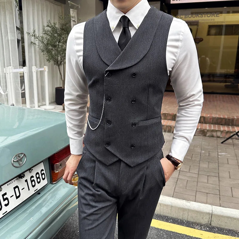 High Quality Autumn Double Breasted Suit Vest Men Business Formal Sleeveless Vest Slim Fit Wedding Groom Banquet Party Waistcoat  Amaijoin