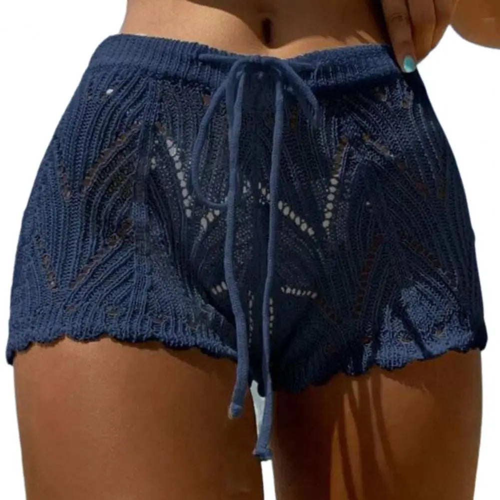 Women Beach Shorts Hollow Out Knitted Lace Drawstring Summer Bikini Pants Crochet Knit Swim Beach Wear Cover Up Juicy-buttocks  Amaijoin