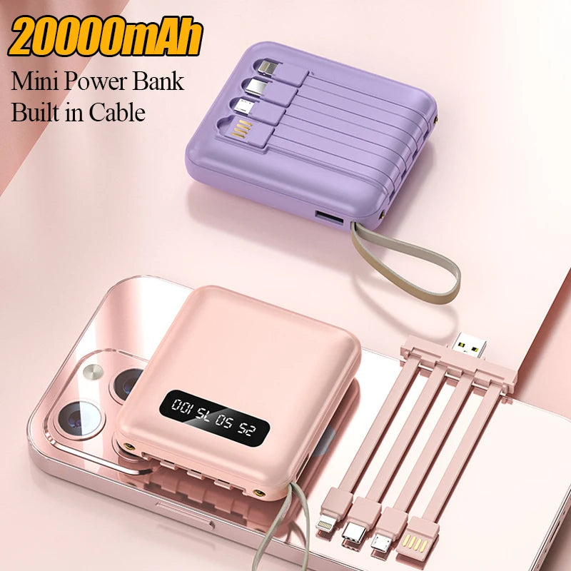 Mini Power Bank 20000mAh With 4 Cable Mobile Phone External Battery Charger for iPhone Samsung Huawei Xiaomi Portable Powerbank  Amaijoin