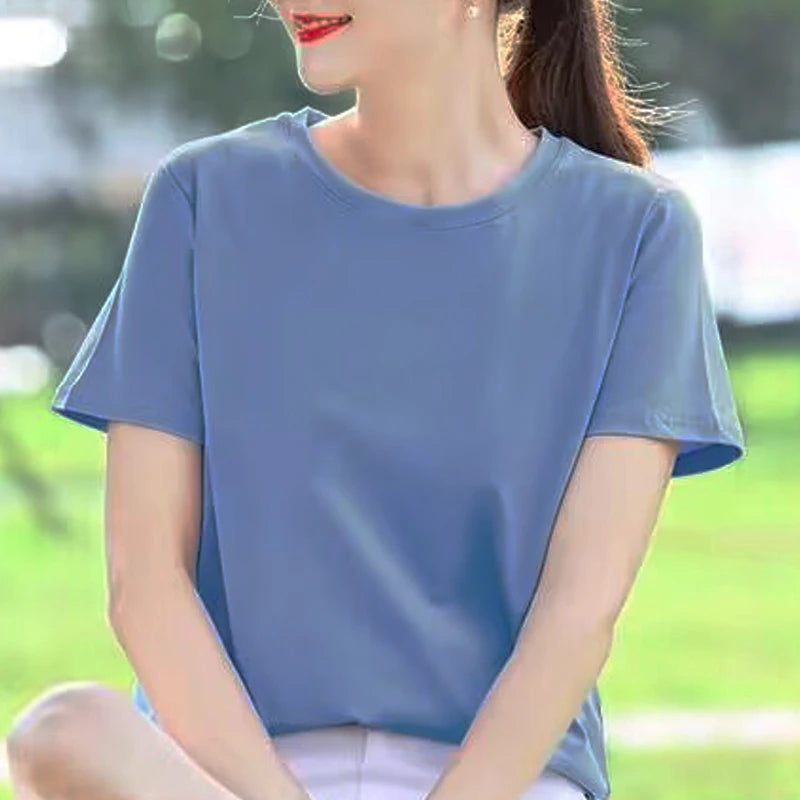 Summer Casual 100% Cotton Regular-Fit Women Crew Neck Basic White T-Shirts  Amaijoin