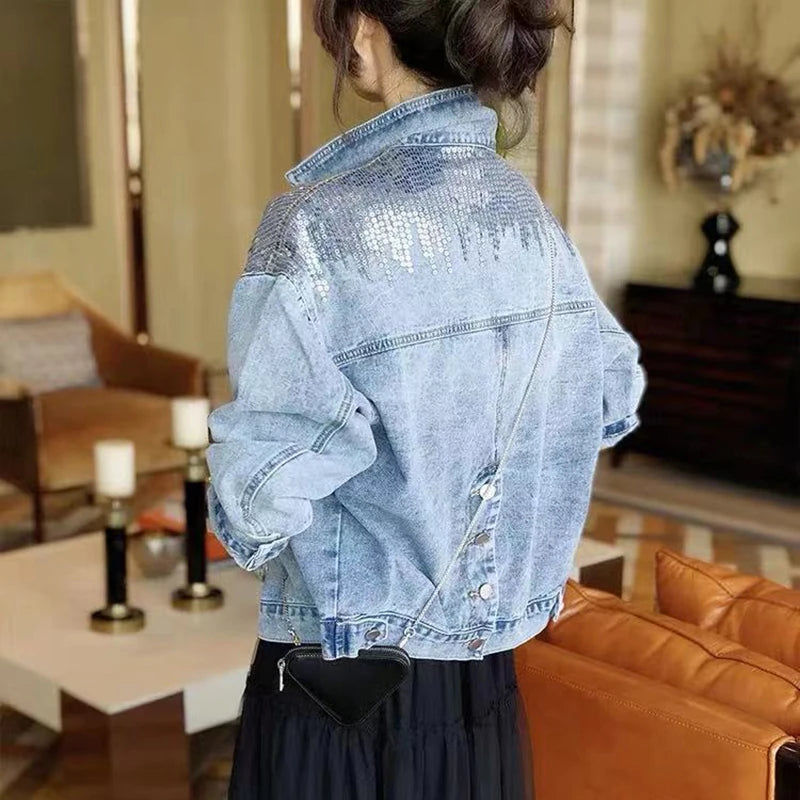 Lucyever 2022 Spring Autumn Denim Jacket Women Fashion Sequin Short Lapel Jean Coats Woman Casual  Full Sleeve Loose Button Coat  Amaijoin