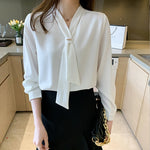 Load image into Gallery viewer, 2023 New Fashion Chiffon Women Blouse And Tops Office Long Sleeve White Women Shirts With Tie V Neck Loose Female Clothing 13022  Amaijoin
