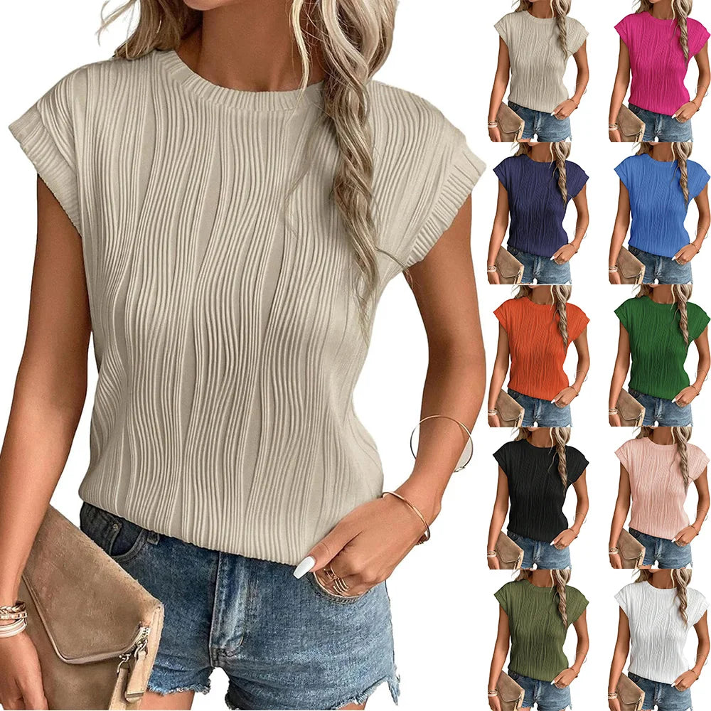 Womens Short Sleeve Textured Tops Crewneck Knit Solid Loose Casual Basic T Shirts Tee Blouses  Amaijoin