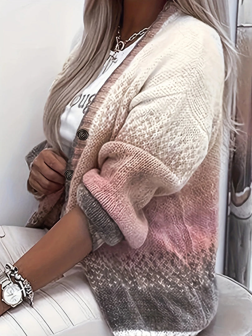 Color Block Button Down Knit Cardigan, Casual Long Sleeve Comfy Sweater, Women's Clothing  Amaijoin