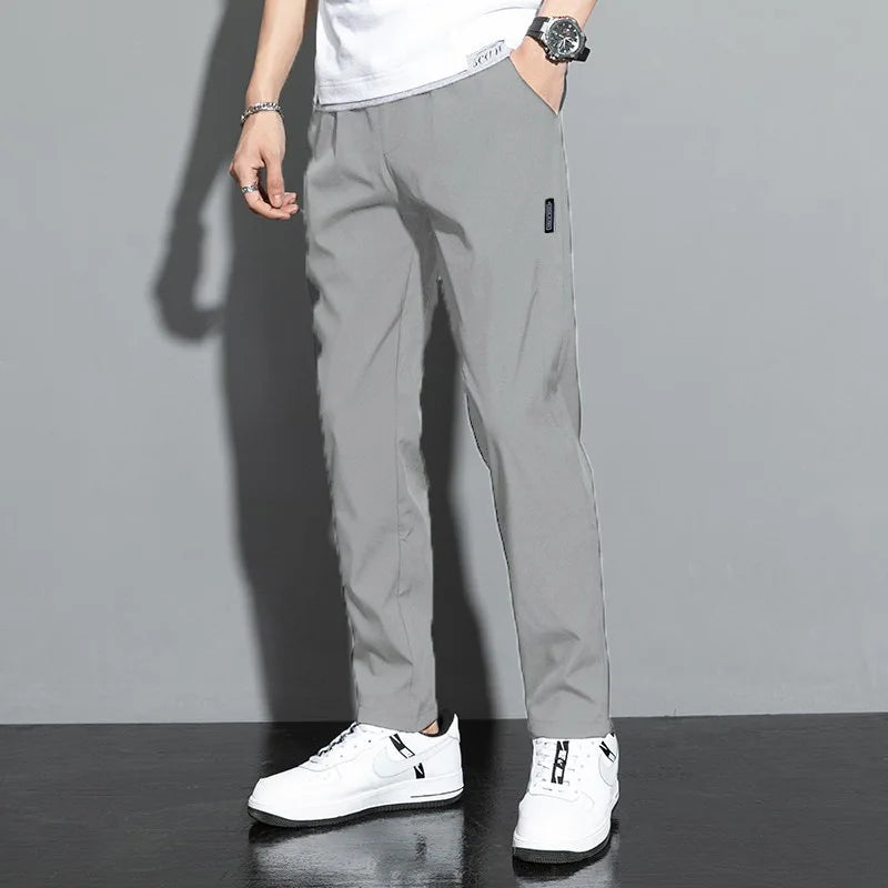 2024 new Men's Ice Silk Trousers Solid Color Mid-Waist Loose Breathable Straight-Leg Casual Pants Thin Quick-Drying Sports Pants  Amaijoin