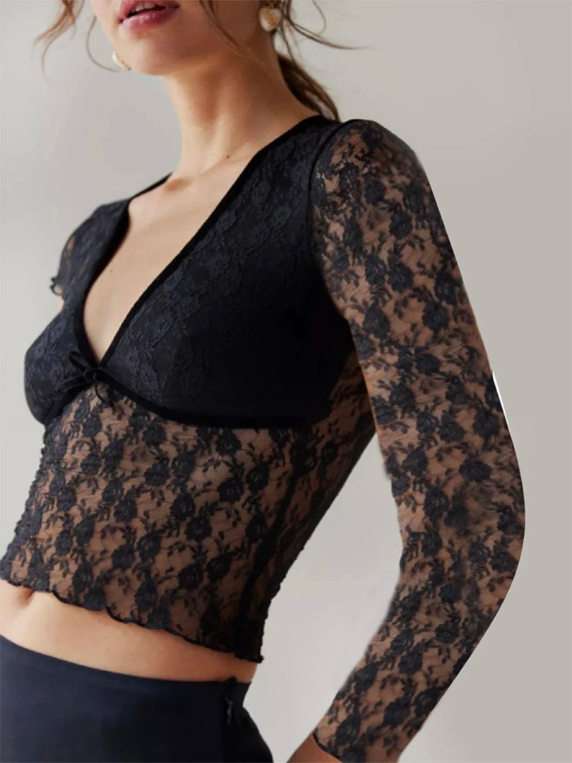 Women Sexy Long Sleeve Lace Crop Tops V Neck Mesh See Through Slim Fit T Shirts Blouse Clubwear  Amaijoin