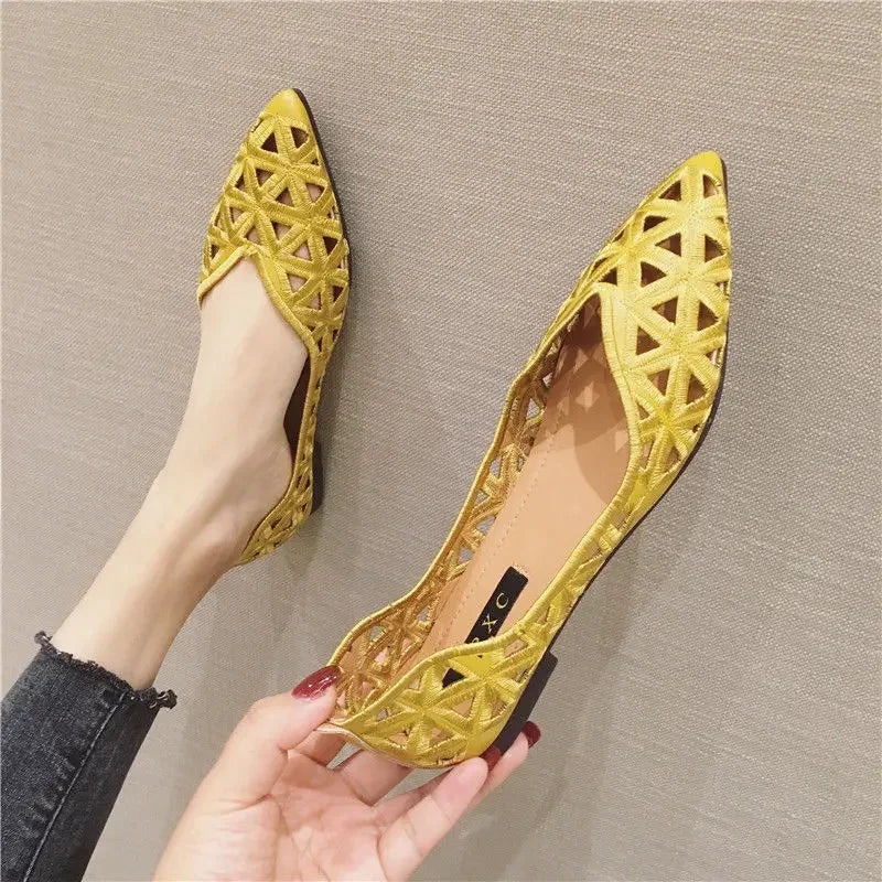 2024 Flat Shoes Women Elegant Women's Breathable Hole Shoes Pointy Shallow Mouth Hollow Leisure Commuter Footwear Spring Summer  Amaijoin