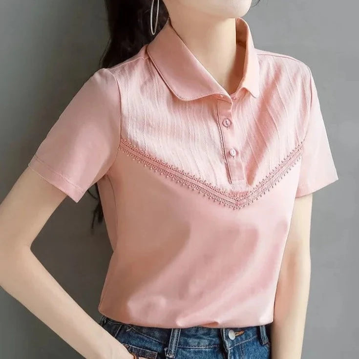 Women's Polo Shirts Button Plain Baggy T-shirts Pink Y2k Fashion Casual Tops on Female Tee Offer Youthful Clothes Korean Popular  Amaijoin