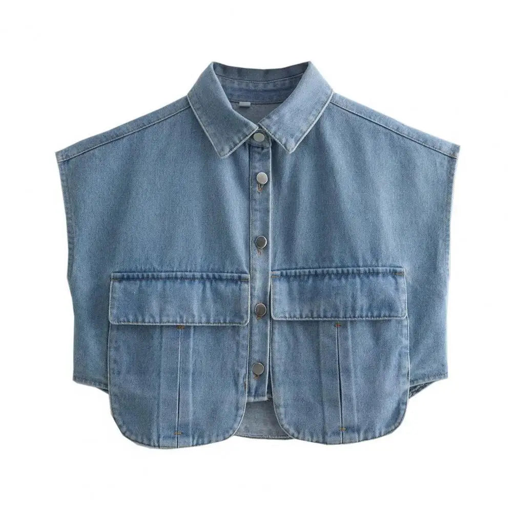 Summer Women Denim Cropped Shirt Lapel Sleeveless Flap Pockets Top Single Breasted Casual Denim Short Shirt  Amaijoin