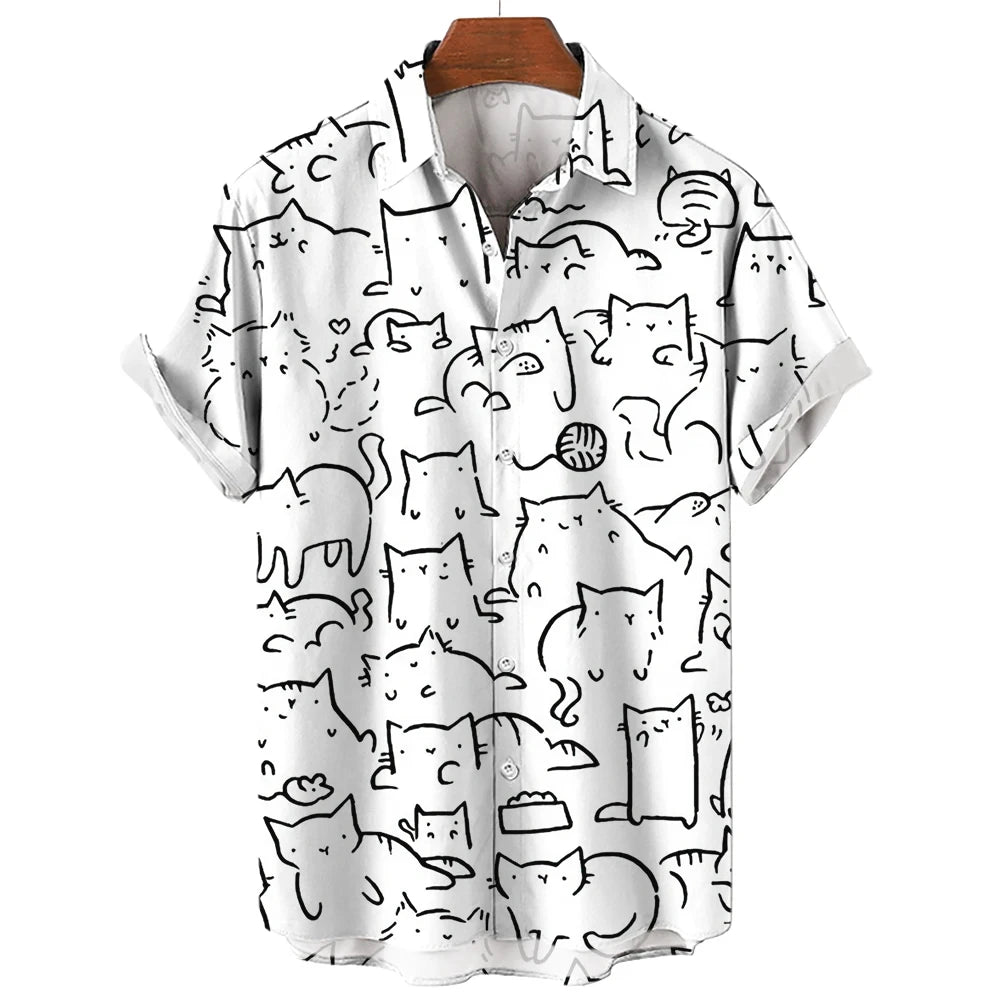 Men's Shirt Cute Cartoon Cat 3D Printed Casual Fashion Women Short Sleeves Shirts Button Lapel Tops Oversized Unisex Clothing  Amaijoin