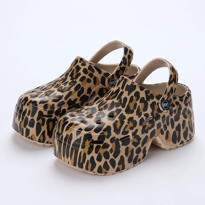 Leopard Thick Bottom Clogs for Women Closed Toe Chunky Platform Sandals Woman Summer 2023 Super High Wedge Heel Slippers Female  Amaijoin