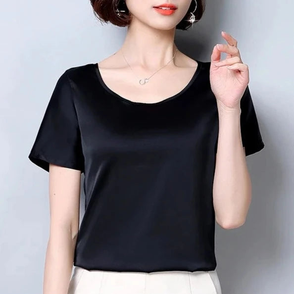 New outer wear silk round neck sling top satin short-sleeved stretch T-shirt large size bottoming shirt women  Amaijoin