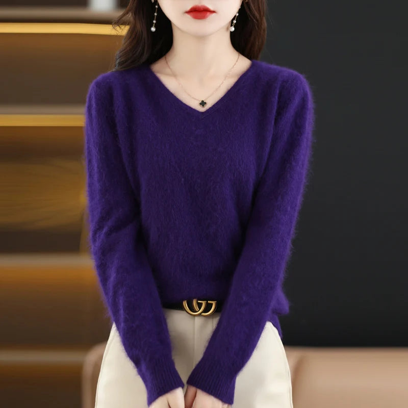 Women's Flat V-neck Mink Cashmere Sweater New Autumn/winter 2023 Knitted Loose Pullover Commuter Basic Knit Top  Amaijoin