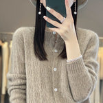 Carregue a imagem no visualizador da Galeria, Round Neck 100% Merino Wool Cardigan Spring Autumn New Hollow Out Fashion Long Sleeved Solid Color Knitted Cardigan Sweater Top  Amaijoin
