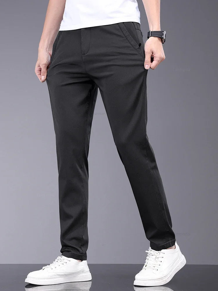 Bamboo Fiber Fabric Summer Men's Casual Pants Fashion Thin Soft Breathable Elastic Business Slim Straight Trousers Black Gray  Amaijoin