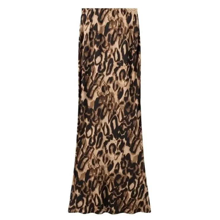 Willshela Women Fashion Satin Leopard Slim Fits Midi Skirt Vintage High Elastic Waist Female Chic Lady Skirts  Amaijoin