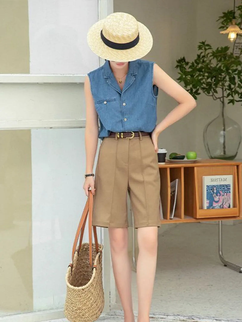 Vintage Denim Vest Women Summer Cuban Collar Sleeveless Shirt Loose Casual French Style Chic Pocket Blouse Outerwear Top  Amaijoin