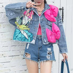 Carregue a imagem no visualizador da Galeria, 2024 New Women Coat Cartoon Sticker Embroidered Sequin Short Denim Jacket Loose Bowknot Top  Amaijoin
