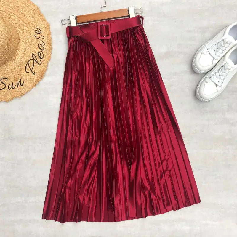 2024 New High Waist Elegant Stain Women's Pleated Skirts with Belted Solid Skirts Mi-long Umbrella Skirt Spring Summer  Amaijoin