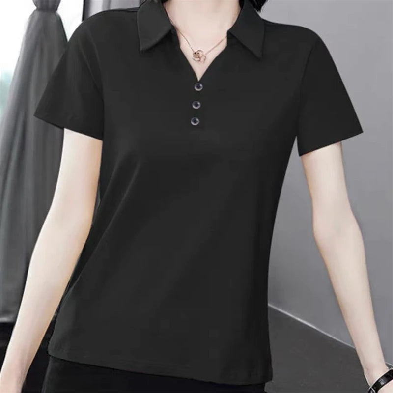 Women Simple Casual Half Zipper Tees Solid Loose Polo Collar T-shirt 2024 Summer Korean Short Sleeve Pullover Tops Ropa De Mujer  Amaijoin