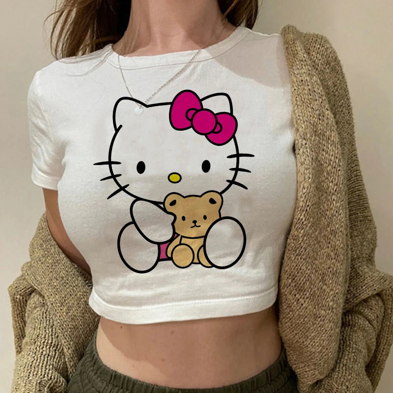 Tshirt Crop Top Hello Kitty T-shirt Kawaii T Shirt Sanrio Anime Cartoon Children Casual Clothes Y2k Cropped Tee Shirt Top  Amaijoin